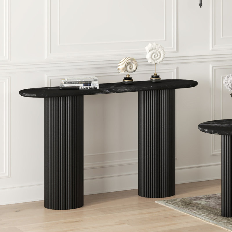 Console Mid-Century moderne en bois massif et marbre, Noir / Noir