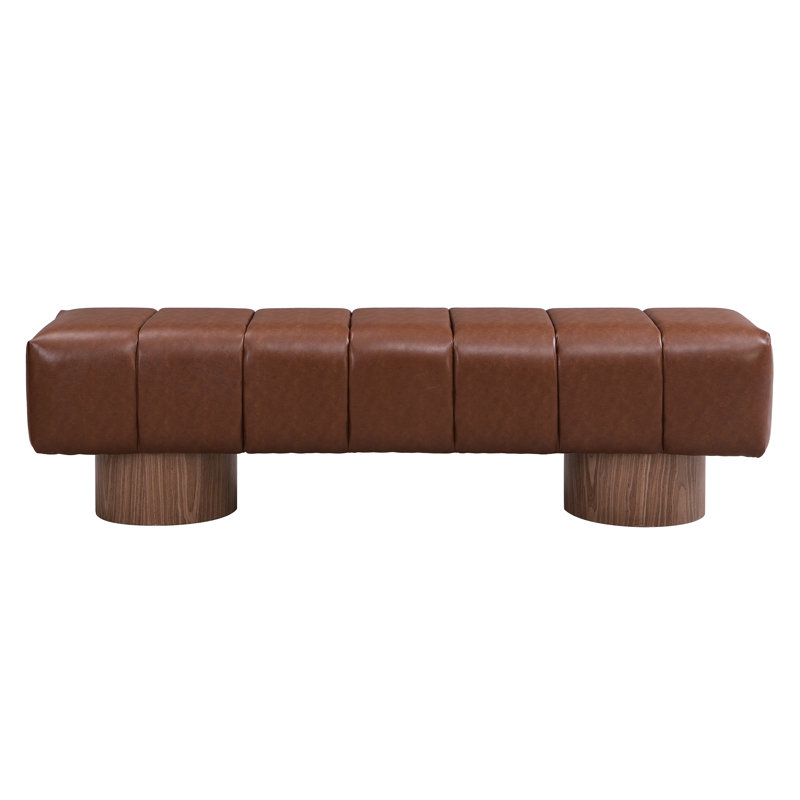 Upholstered Dining Bench For Dining Room, No-Assembly End Of Bed Entryway Bench Ottoman For Bedroom Living Room, Brown PU Stool Top Wood Leg 300 LBS Weight Capacity