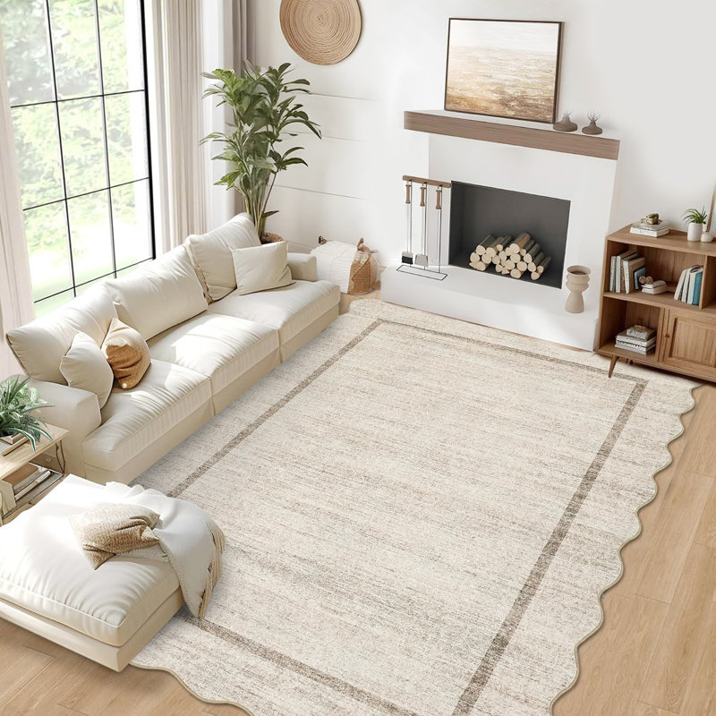 Scalloped Machine Washable Rug Non-Slip Bordered Floor Mats Non-Shedding Soft Low Pile Modern Accent Rugs for Living Room Bedroom Office