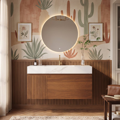 Meuble-lavabo mural de 91 cm (36 po) avec dessus en pierre frittée sans joint, base en contreplaqué, 1 tiroir en forme de U et porte (blanc Calacatta et noir)