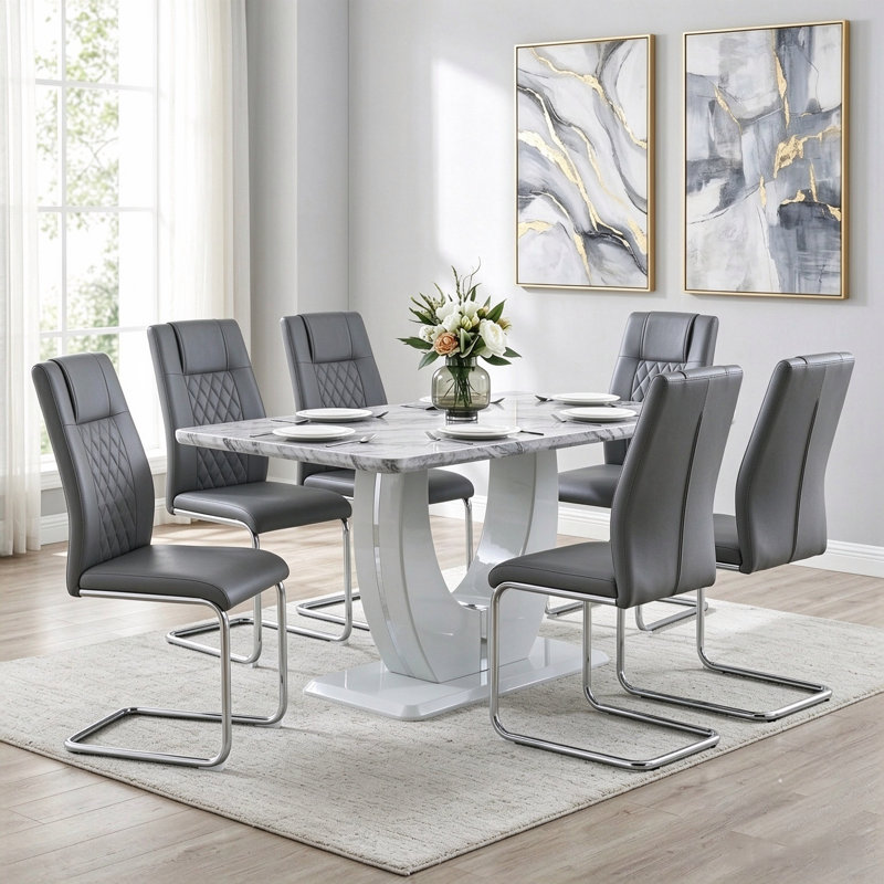 Ensemble de salle à manger 7 pièces Holloman, 7 pièces : table, 6 chaises, Gris foncé