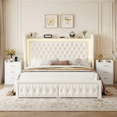 Ensemble de chambre à coucher 3 pièces, lit tapissier avec 2 tables de chevet avec 3 tiroirs et chargement USB, taille compacte pouvant servir de tables d'appoint
