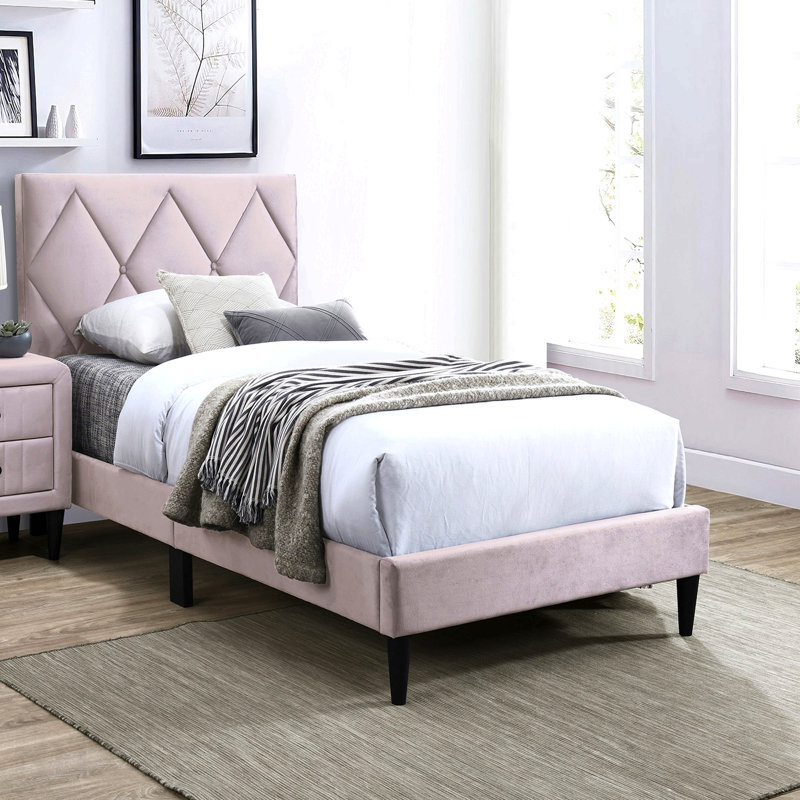 Lit double avec tête de lit réglable 1pc, mobilier de chambre en velours rose clair pour les jeunes, Full, Light Pink
