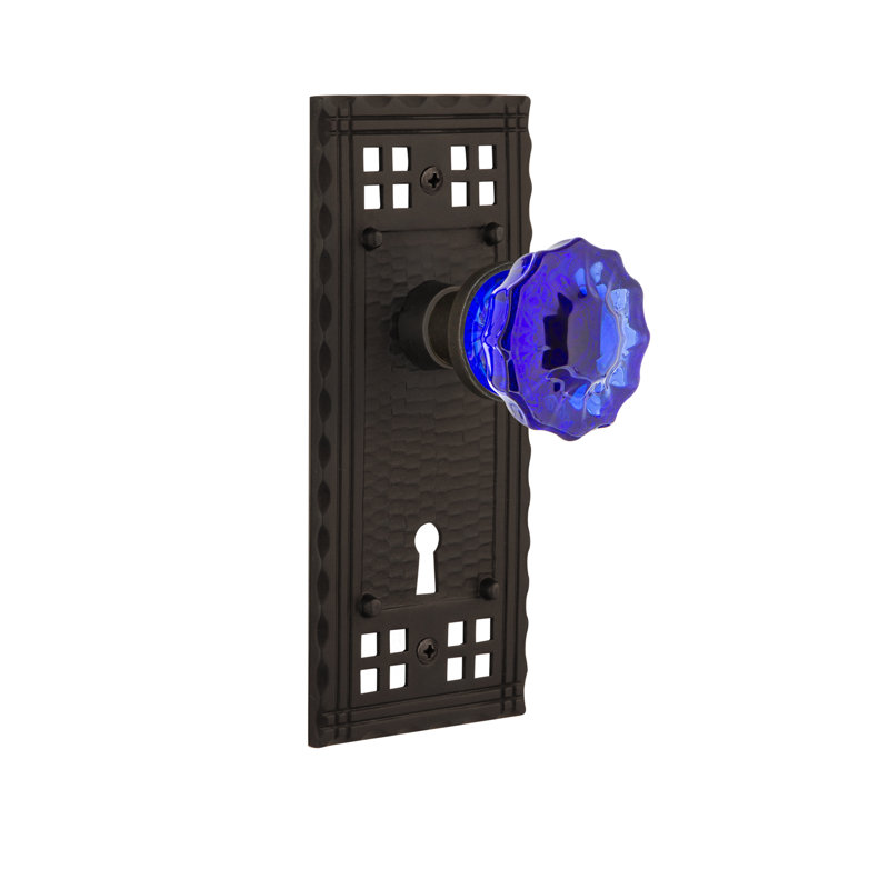 Craftsman Plate with Decorative Keyhole and Crystal Cobalt Door Knob, 2 3/4, Oil-Rubbed Bronze