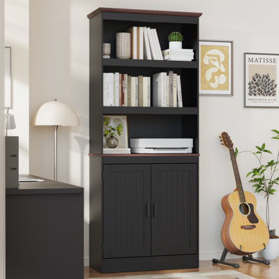 71" Tall Bookshelf With Doors, 5 Tiers Farmhouse Bookcase With Adjustable Shelves, Wooden Rustic Display Cabinet For Home Office, Living Room, Black