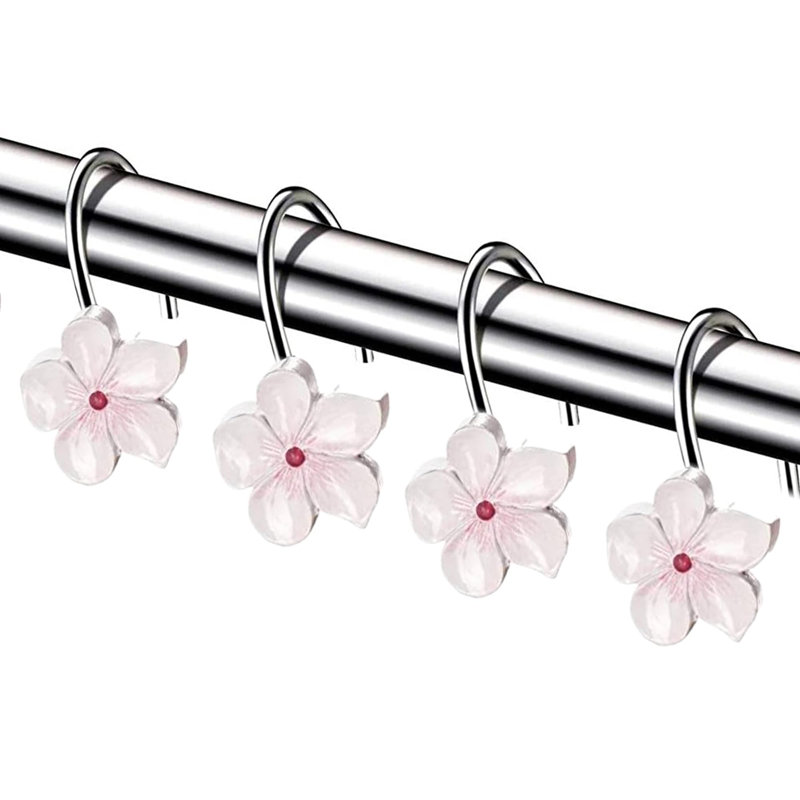 Crochets de rideau de douche Flower - Ensemble de 12 crochets de rideau de douche floraux blancs et roses - Anneaux de rideau de douche décoratifs - Crochets de douche Spring Blossom
