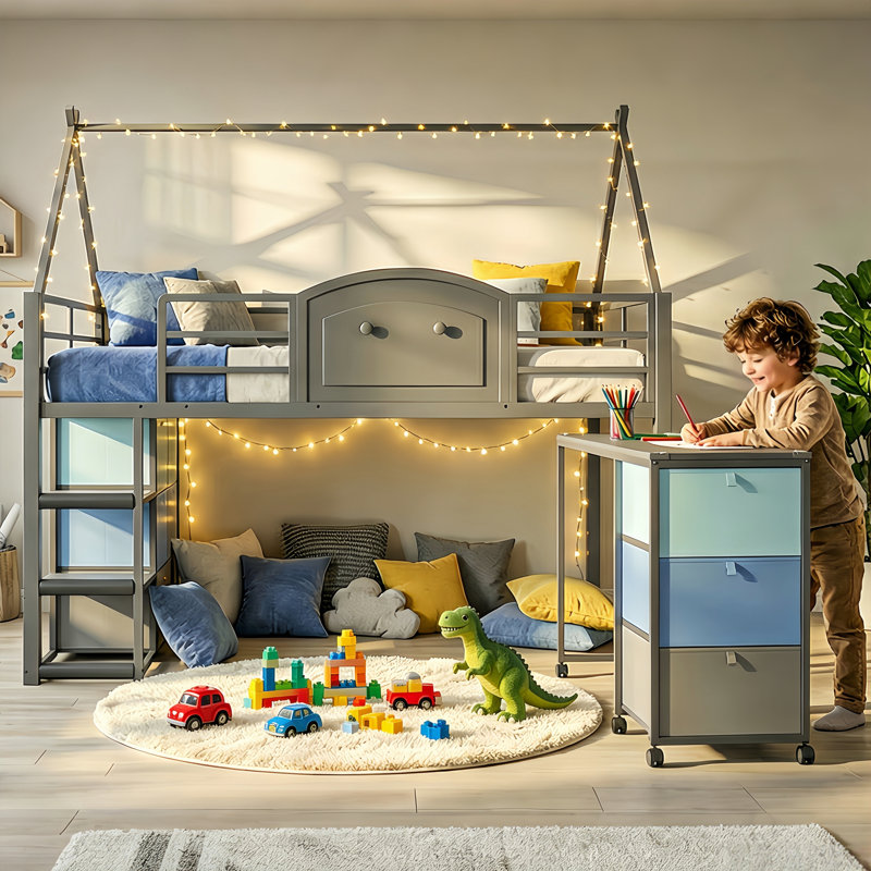 Low Loft Bed with Movable Desk and 9 Drawers & Storage Ladders Shelves LED House beds for kid, Blue