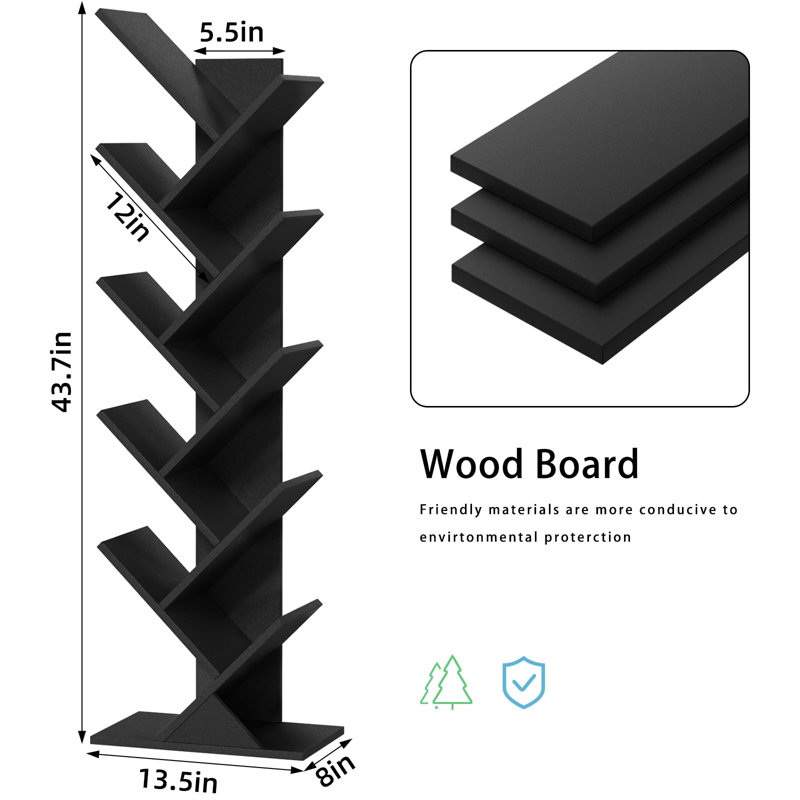 10 Tier Tree Book Shelf, Floor Standing Wood Bookshelf for Narrow Space, Storage Organizer Bookshelves for Books/CDs/Magazine, Bookcase with Shelves for Home Office, Living Room