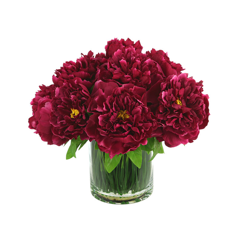 Peony Arrangement in Glass Vase with Grass, Deep Fuchsia