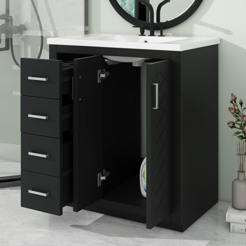 Armoire de meuble-lavabo sur pied moderne simple 30 po avec 3 tiroirs pour le rangement, Noir