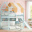 Structure de lit superposé en bois massif vert de style vert, style maisonnette pour chambre d'enfant avec glissoire et bibliothèque intégrée-129428090