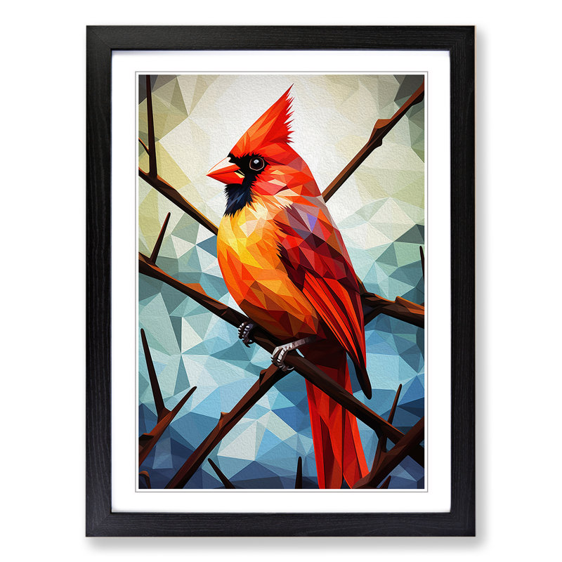 Cardinal Bird Geometric - Single Picture Frame Print on Wood, Black Framed, 64cm H x 46cm W x 2cm D