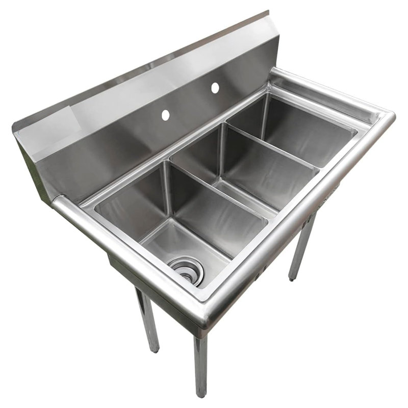 Évier utilitaire Express KitchQuip en acier inoxydable à 3 compartiments (91,4 cm L x 48,3 cm P) avec cuves de 25,4 cm x 35,6 cm et robinet