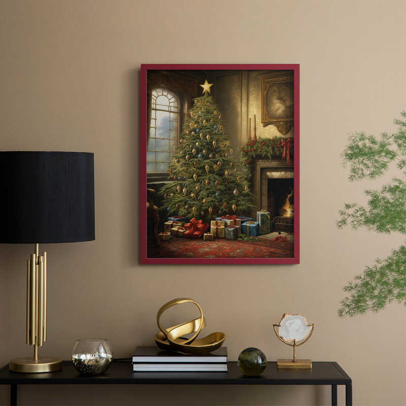 «Christmas Holiday Art», reproduction encadrée en bois massif, Rouge, H 30 po x l 24 po