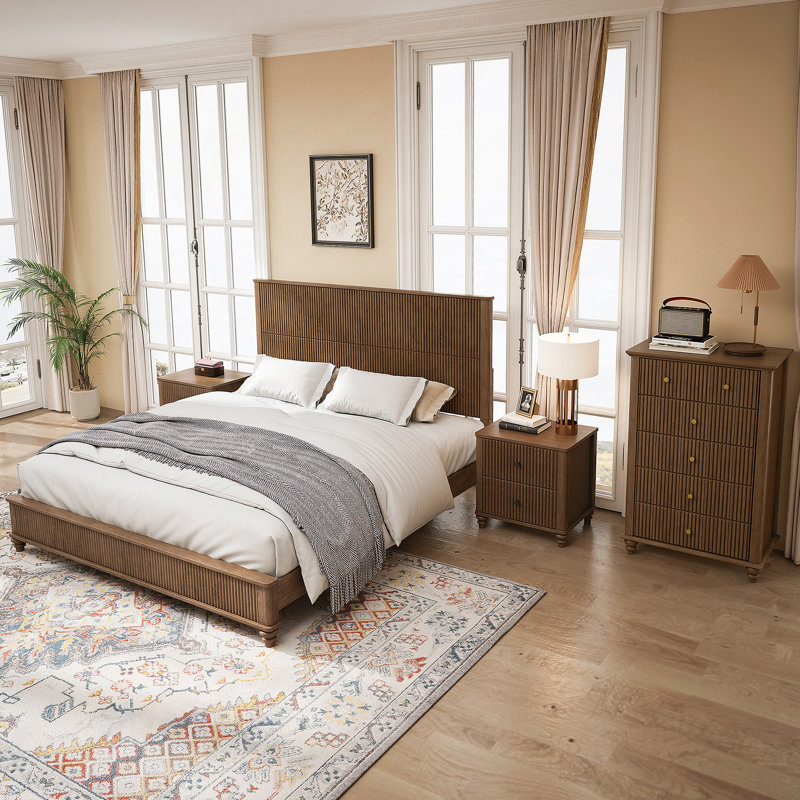 Ensemble de chambre à coucher 4 pièces avec lit, 2 tables de chevet et commode 5 tiroirs, Noyer, Roi