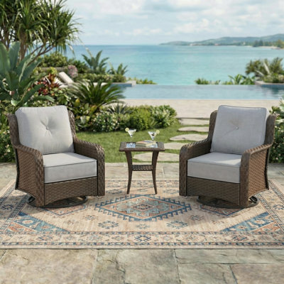 3 Pieces Outdoor Wicker Swivel Chair Set With Cushions, Side Table