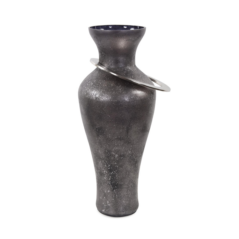 Vase en verre noir avec accent métallique - moyen, H 20,5 po x l 9 po x P 9 po