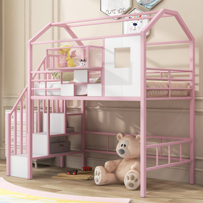 Lit mezzanine en métal avec toit et boîte de rangement, simple