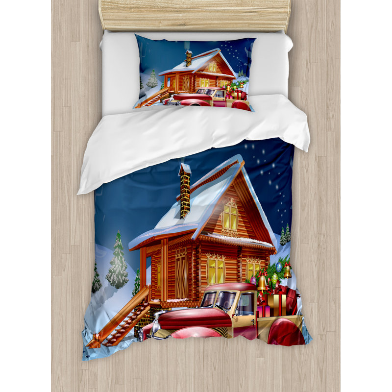 Twin Multicolor Christmas Lodge and Truck Duvet Cover Set