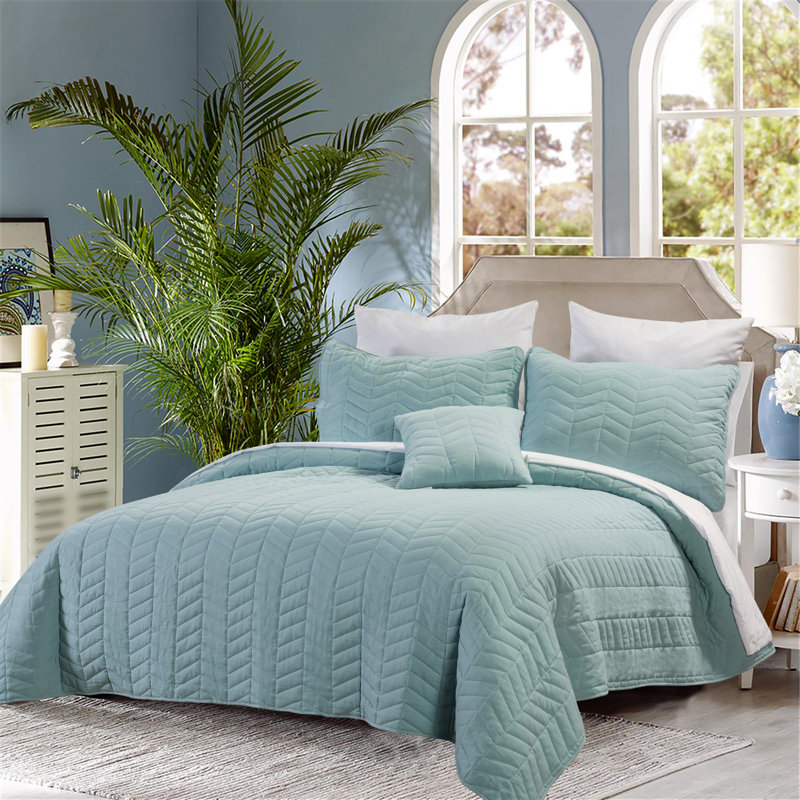 Ensemble de courtepointe en microfibre 4 pièces Nina, Courtepointe double / grand et 2 taies décorative, Vert clair