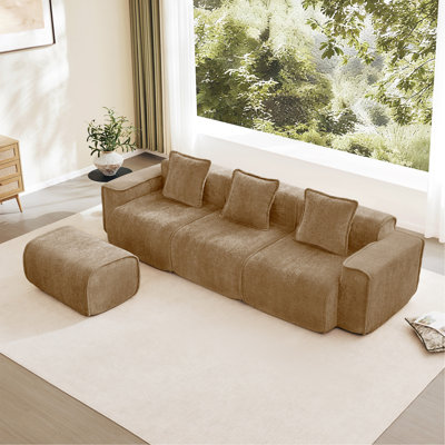 Canapé modulaire en L à 3 places avec passepoil à bordure française, sans assemblage requis, canapé 3 places avec coussins décoratifs et 1 repose-pieds mobile, tissu de velours