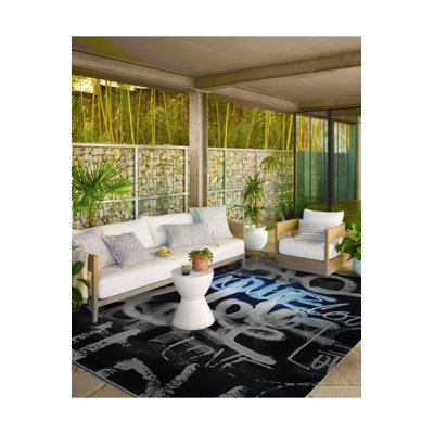 Black Glossy Text Patterned Woven Base Washable Rug