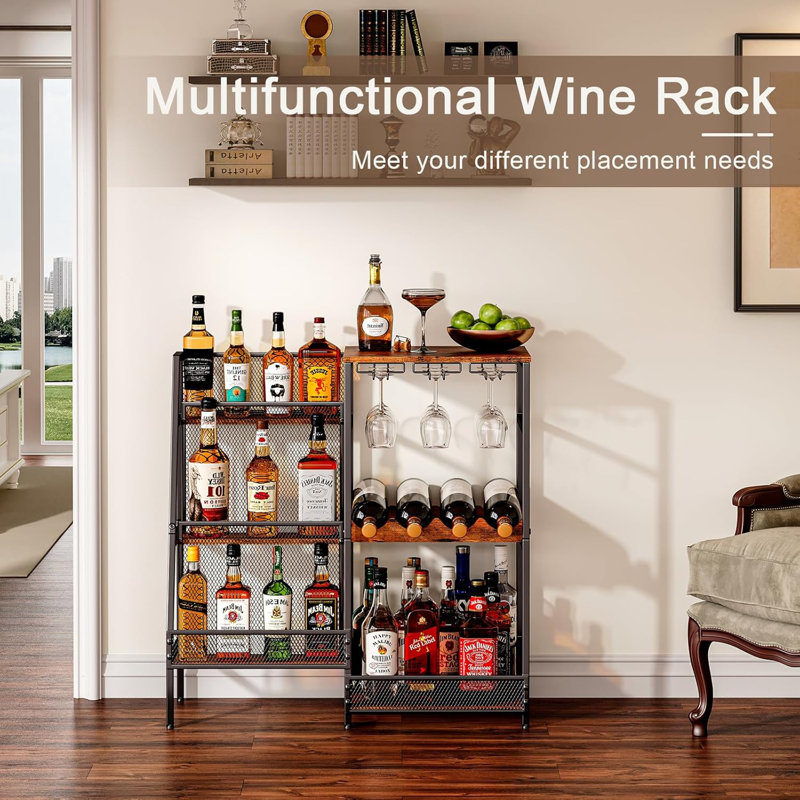 Mini Bar Table  3-Tier Trapezoidal Liquor Bottle Display Shelf with Glass Holder and Fences