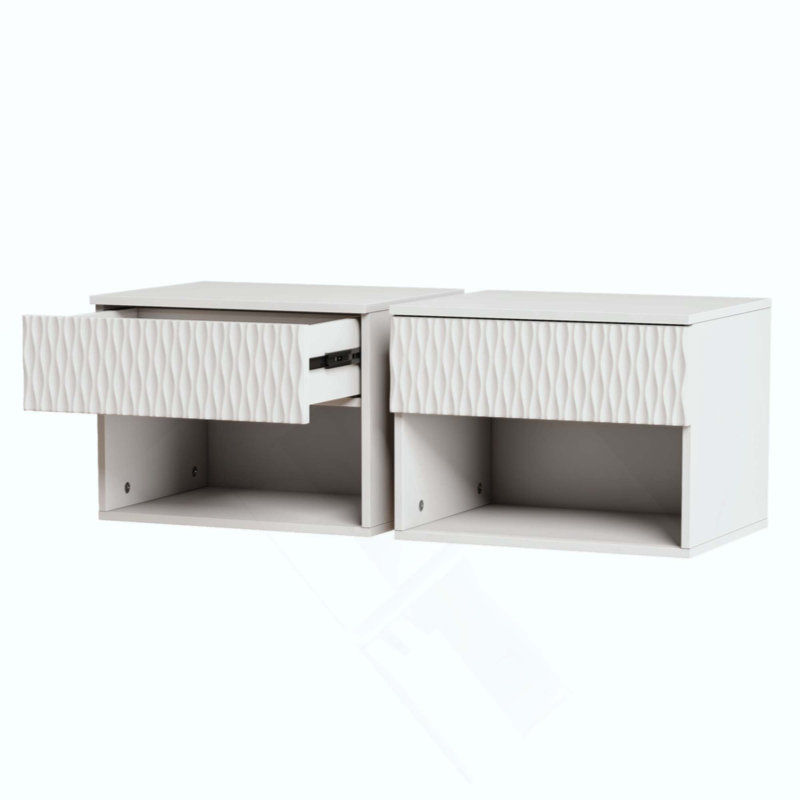 Ensemble de 2 tables de chevet murales modernes avec tiroir, tablette ouverte et design sculpté pour une utilisation polyvalente à la maison