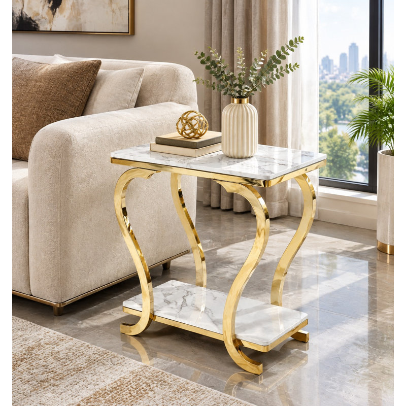 Table de bout en pierre frittée, table d'appoint blanche et dorée, 1
