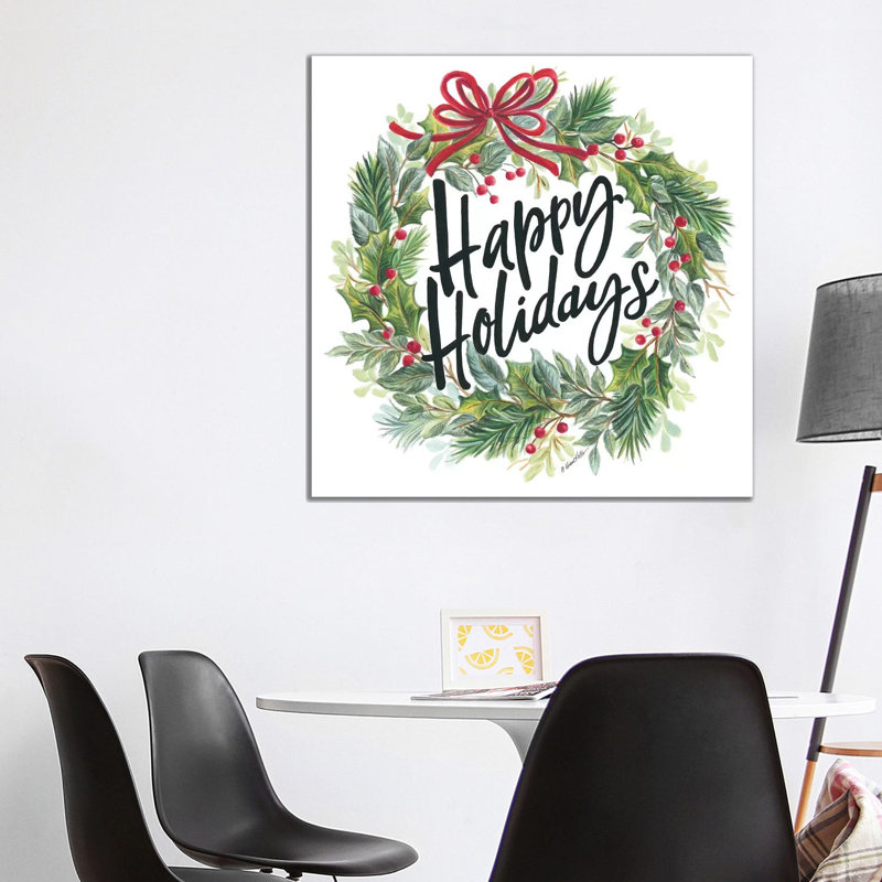 Happy Holidays Wreath - Wrapped Canvas Print, 93.98 cm H x 93.98 cm W