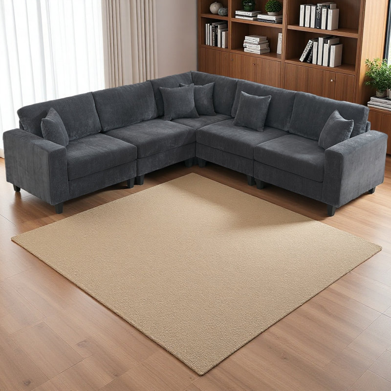 Modular Sectional Sofa Set, L Shaped Couch,Corduroy ,Upholstered,Deep Seat,,5 Seat,5 Throw Pillow And 6 Back Cushion, Gray