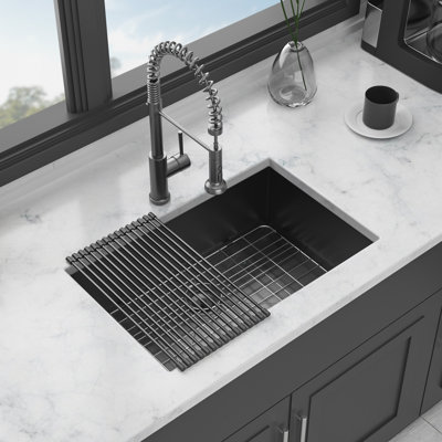 28 Single Bowl Undermount Kitchen Sink Gunmetal Black 18 Gauge Stainless Steel 23X18 9-Inch Deep Basin And Soundproofing For Quiet Optimal Drainage Drop-In Smooth Surface Basket Strainer Bottom Rinse