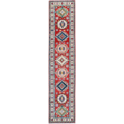 2'7"x12'7" Berry Red, Kazak with Tribal Medallions Design, Hand Knotted, Soft and Shiny Wool, Vegetable Dyes, Denser Weave, Runner, Oriental Rug