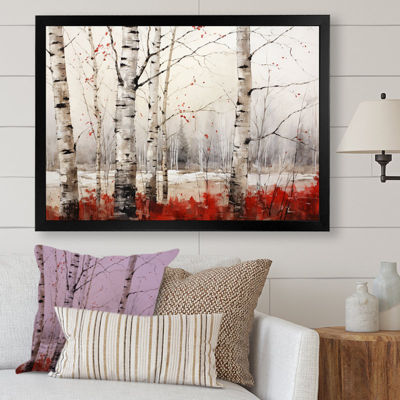 Impressions sur toile de bouleau blanc et rouge en hiver II, H 24 po x l 32 po x P 1 po, Cadre simple noir