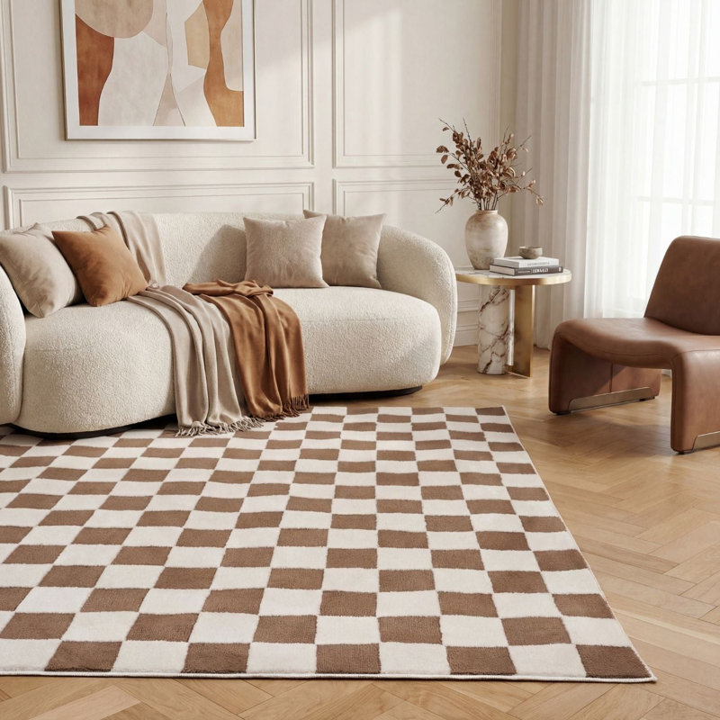 Loft Modern Checkerboard Living Room Area Rug and Runner Soft Pile, Rectangle 200 x 290 cm, Brown/Ivory