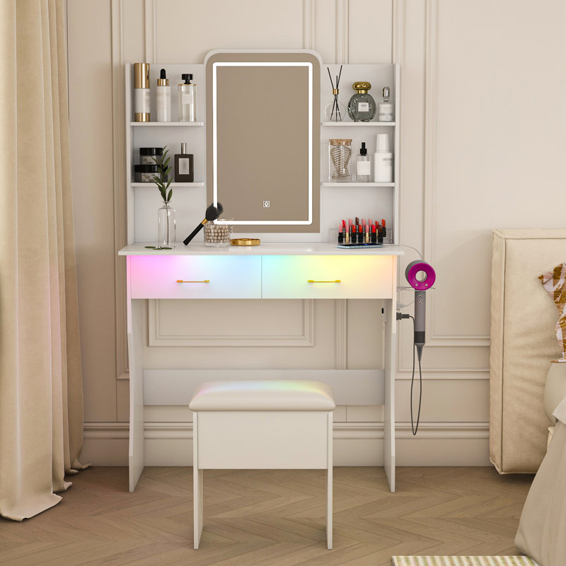Bureau de meuble-lavabo de luxe blanc avec éclairage réglable, 2 tiroirs et 6 tablettes ouvertes pour le système d'éclairage de la coiffeuse, des ports et du rangement pour chambre