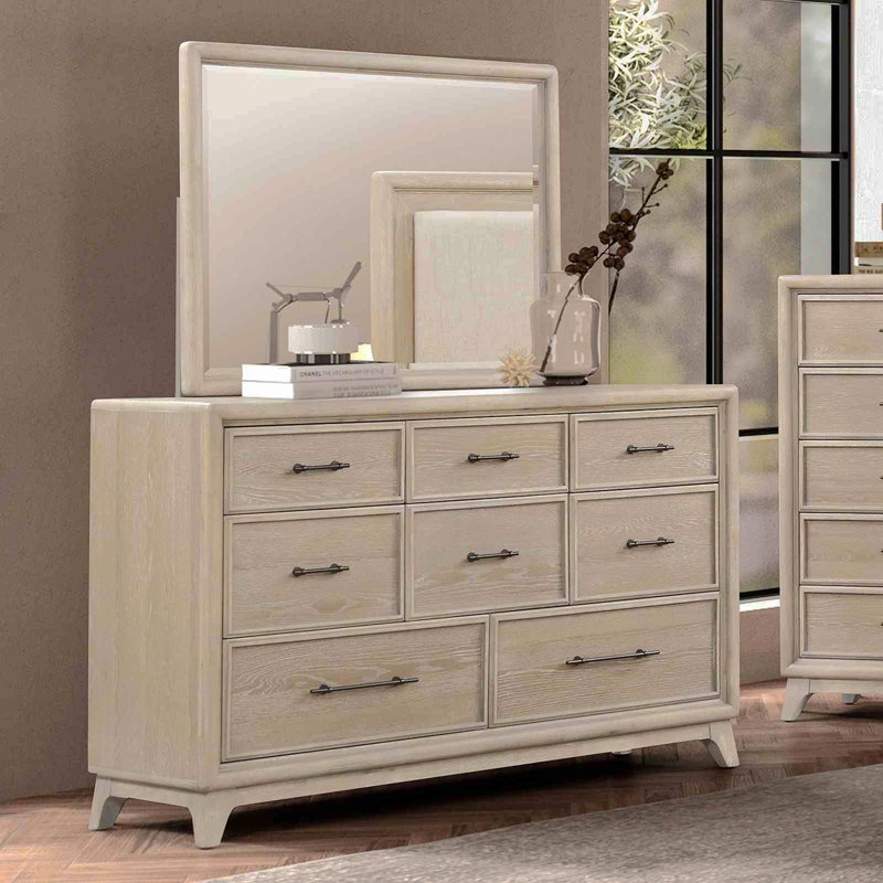 Oak Finish Eight Drawers Dresser W Mirror Solid Rubberwood Contemporary Sleek Bedroom Ample Storage
