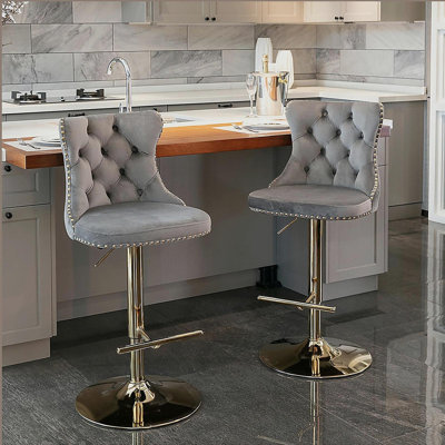Tabourets pivotants en velours à hauteur de siège réglable, tabourets de bar rembourrés modernes avec dossier capitonné confortable, ensemble de 2