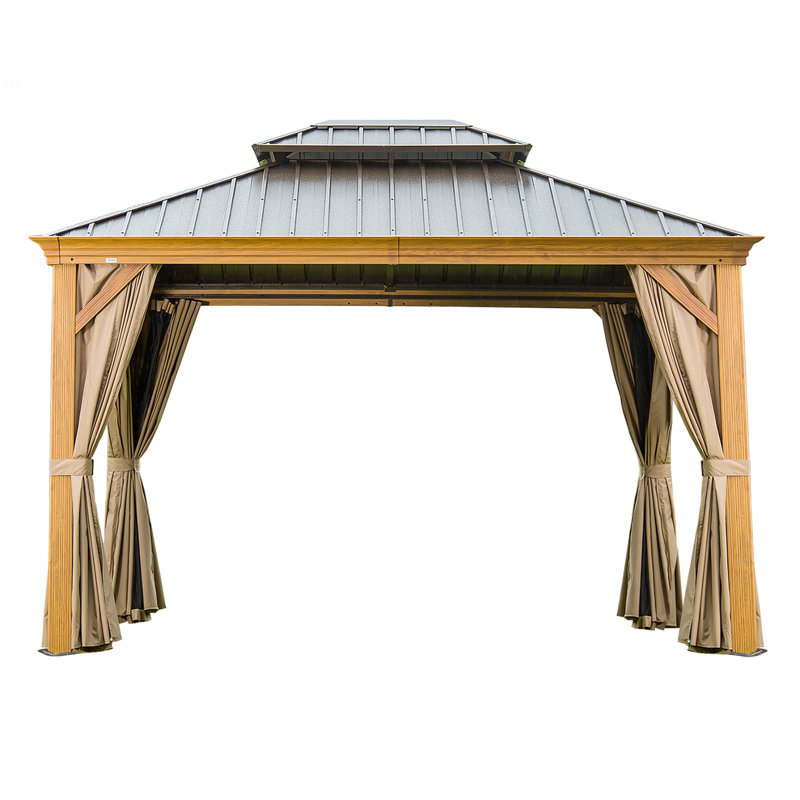 12'X12' Hardtop Gazebo, Permanent Outdoor Gazebo With Polycarbonate Double Roof, Aluminum Gazebo Pavilion With Curtain And Net For Garden, Patio, Lawns, Deck, Backyard(Wood-Looking)