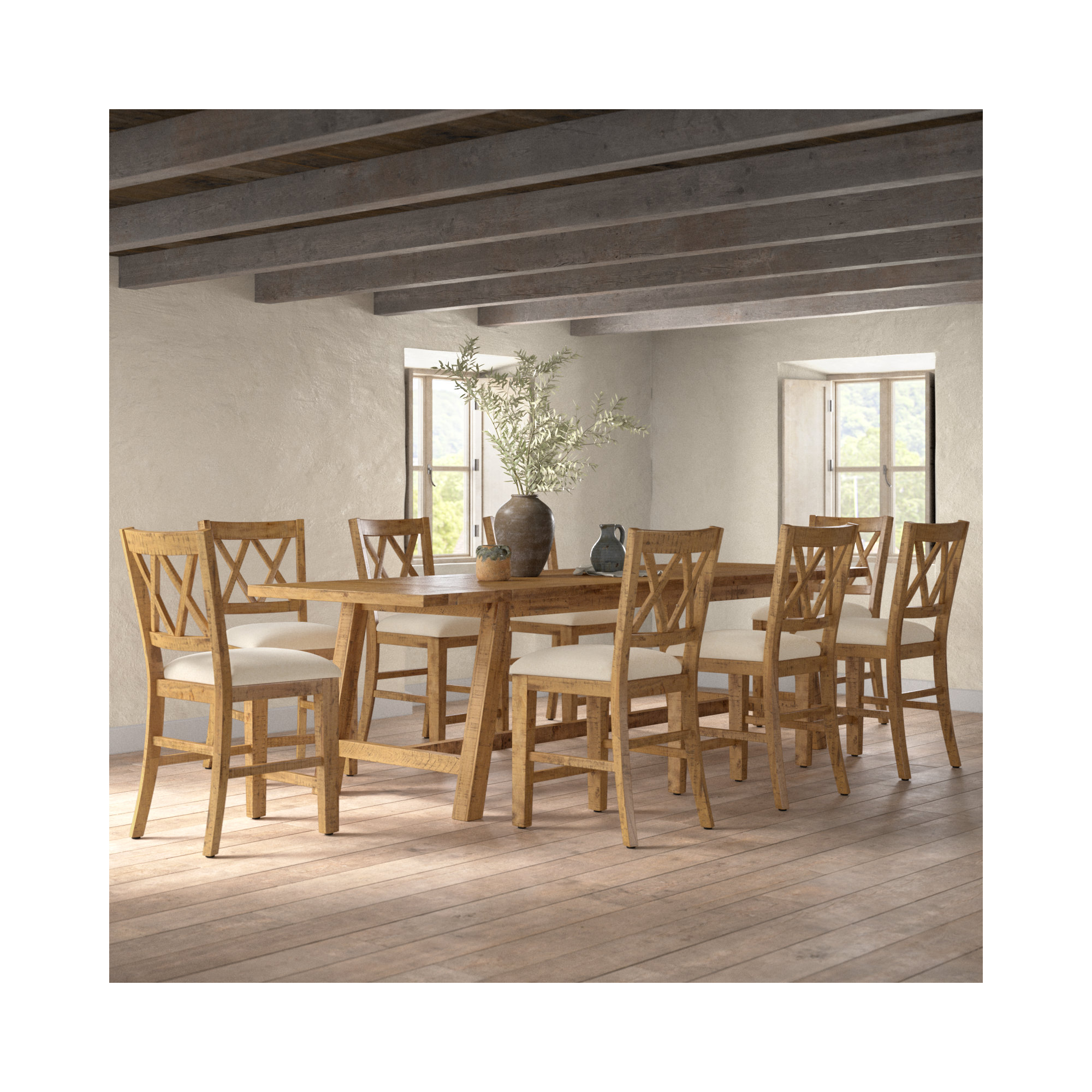 Maxine Extendable Solid Wood Dining Set, 9 Pieces: 1 Table, 8 Chairs