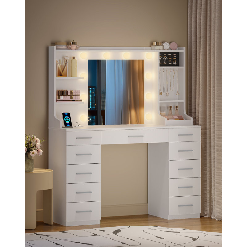 Dressing Table with Lights, Vanity Desk with Mirror and Power Outlet, Adjustable LED Lighting, 11 Drawers, 5 Shelves and 2 Open Compartments, Makeup Desk for Bedroom, White