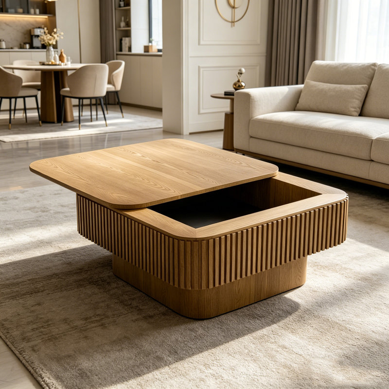 Table basse carrée 31,5 "avec rangement, Bois naturel