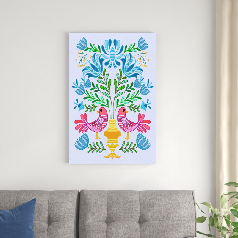 «Folk Bird IV» par Regina Moore - peinture sur toile tendue, H 36 po x l 24 po