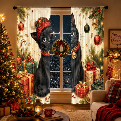 2Pcs Festive Black Cat Christmas Curtains, Cute Animal Holiday Pattern Light Filtering Window Drapes with Rod Pocket Design for Living Room Bedroom Kitchen Home Decor,  Holiday Decorations