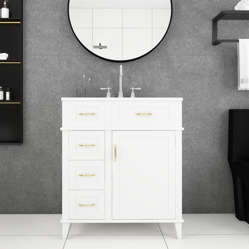 30 po Meuble-lavabo autoportant en bois noir avec tiroirs, Blanc