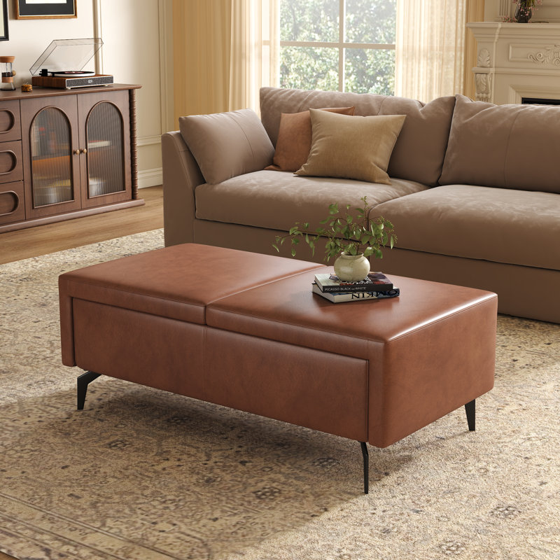 Dark Brown Faux Leather Ottoman with Storage, 17.72" H x 47.2" W x 24.4" D, Dark Brown Faux Leather