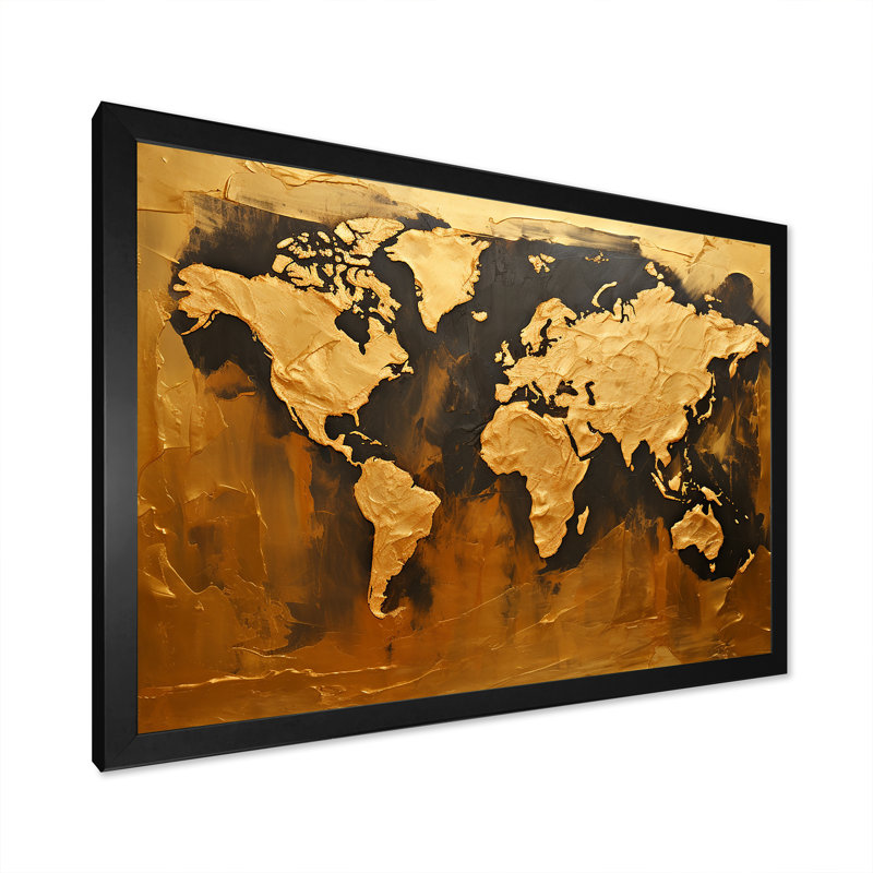 Carte du monde noire et dorée, impression sur toile, Cadre simple noir, H 12 po x l 20 po x P 1 po
