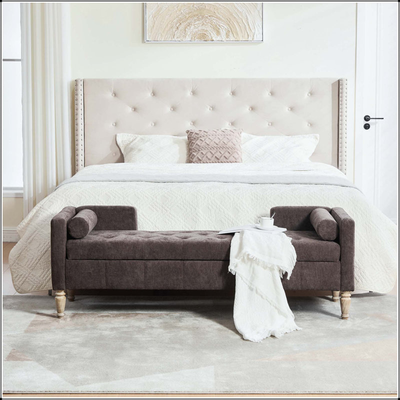 Banc de rangement en chenille 64,6 "avec design capitonné, accoudoirs et traversins, Café, Café