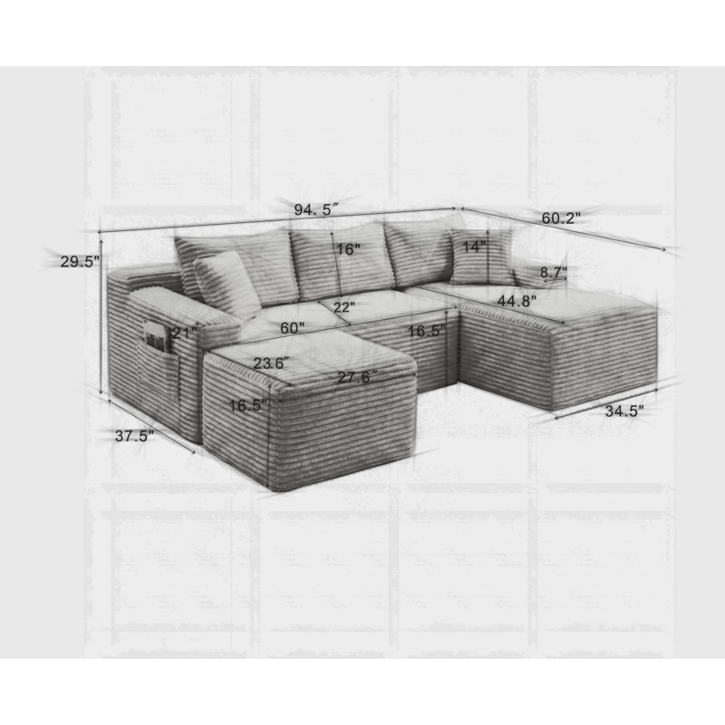 Canapé modulaire en forme de U 94,5 po avec siège profond, sans assemblage requis, canapé-lit modulaire pour salon, chambre à coucher, appartement