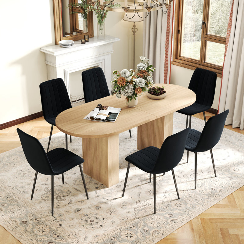 Ensemble de table de salle à manger Mid-Century, 7 pièces : table, 6 chaises, Noir, Chêne